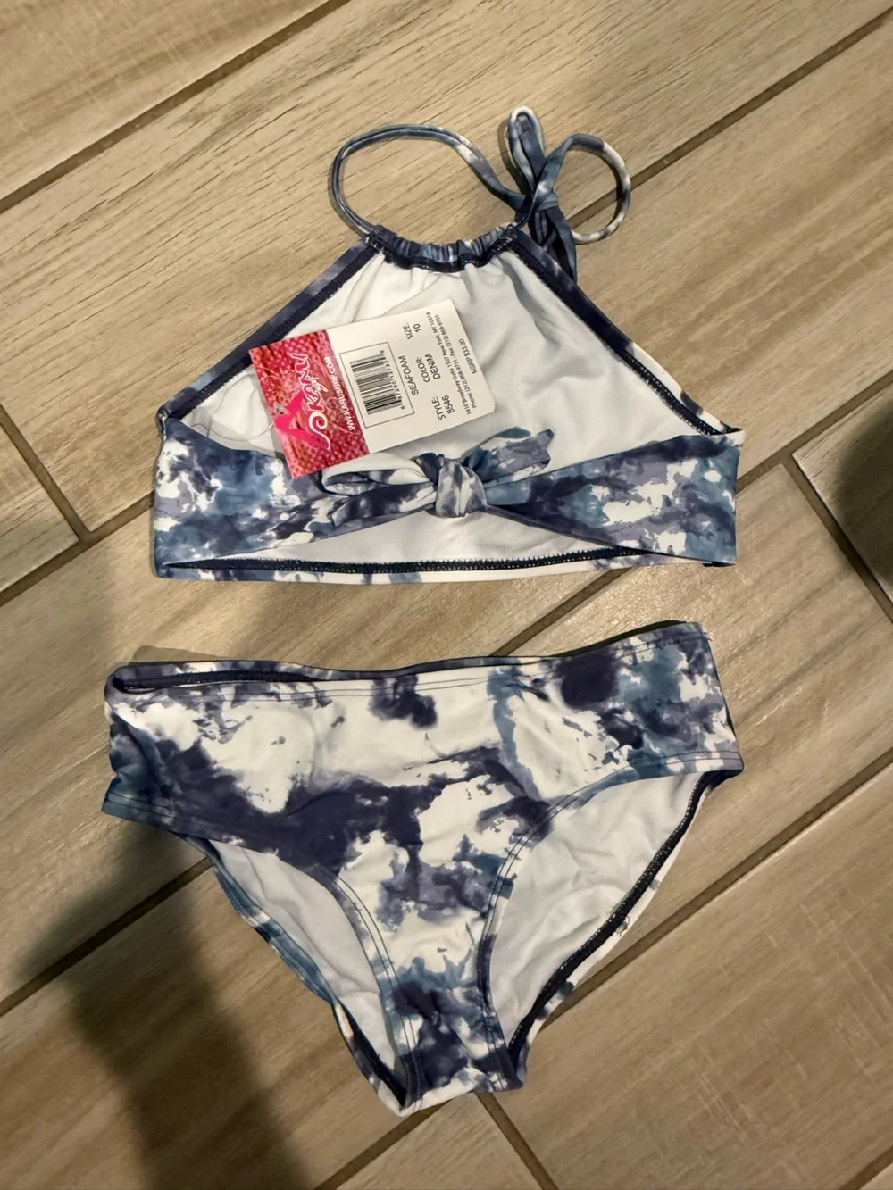 Girl’s Kanu Surf Denim & white Tie-Dye Bikini Set halter style size 10 NWT